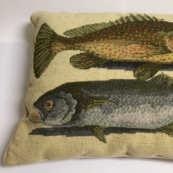 Needlepoint Throw Pillow Two Fish Bahamas Mark Catesby 16x20 Wool Velvet Zip Sea - Picture 3 of 16